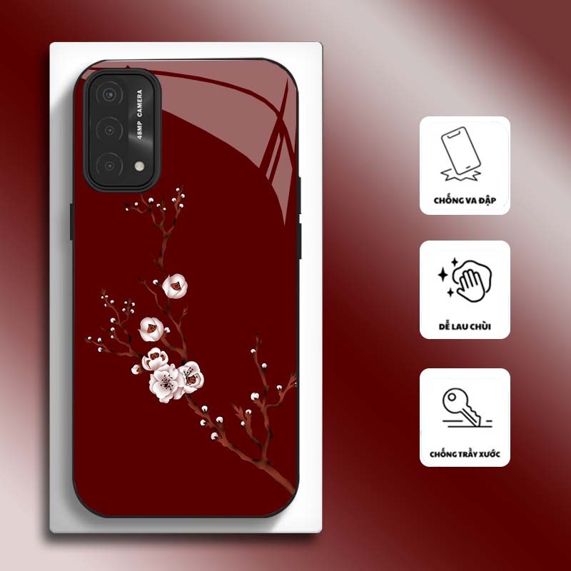 Ốp Lưng cho OPPO A54, A55, A74, A94, A95 4G Mặt kính cường lực, cao cấp HOẠ TIẾT HOA CẨM THẠCH