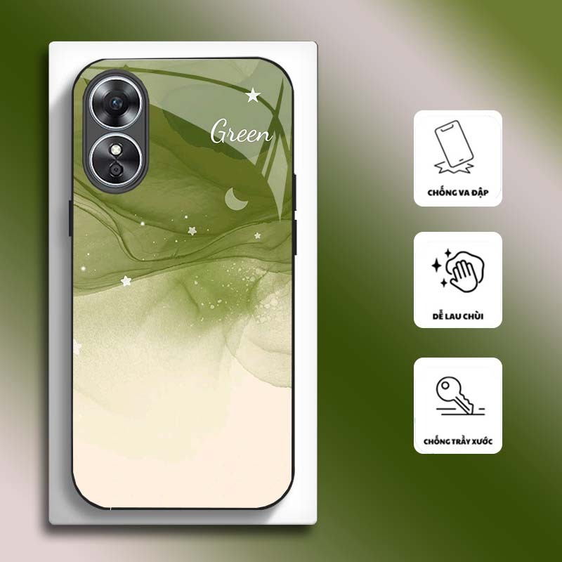 Ốp Lưng cho OPPO A17, A17K Mặt kính cường lực, cao cấp HOẠ TIẾT HOA CẨM THẠCH