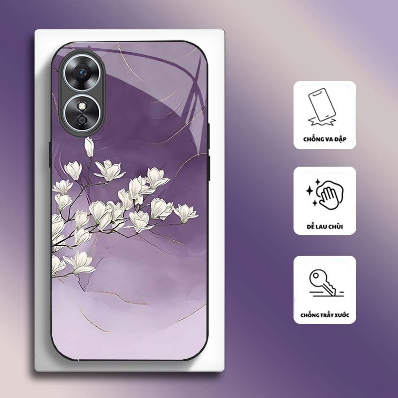 Ốp Lưng cho OPPO A17, A17K Mặt kính cường lực, cao cấp HOẠ TIẾT HOA CẨM THẠCH