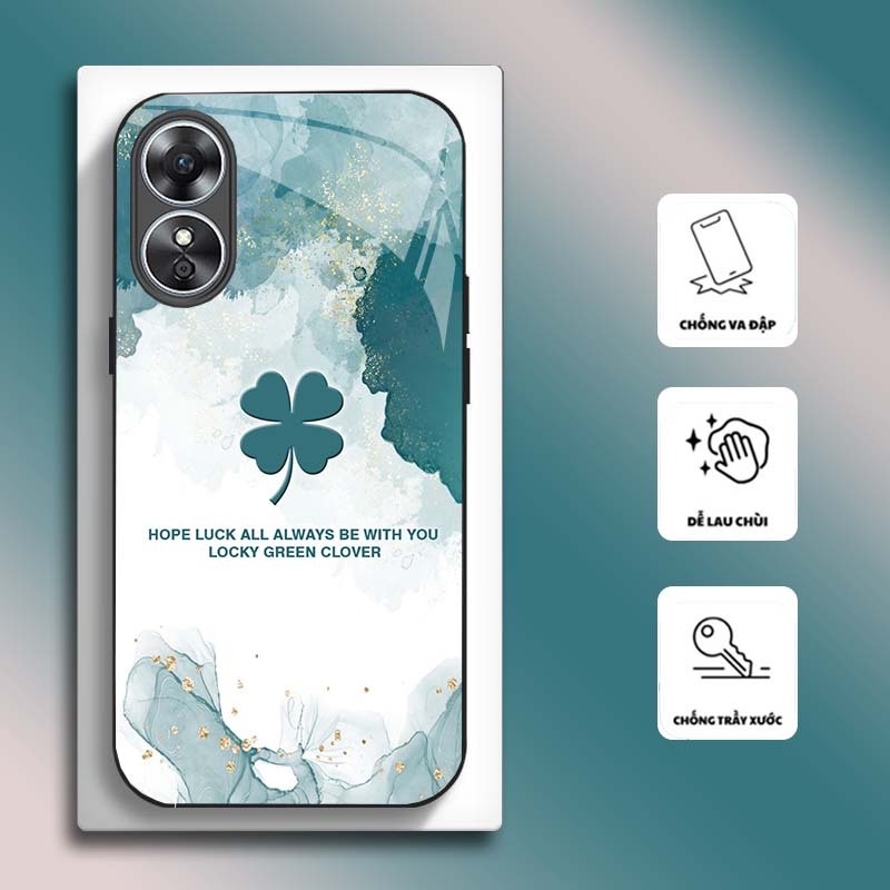 Ốp Lưng cho OPPO A17, A17K Mặt kính cường lực, cao cấp HOẠ TIẾT HOA CẨM THẠCH