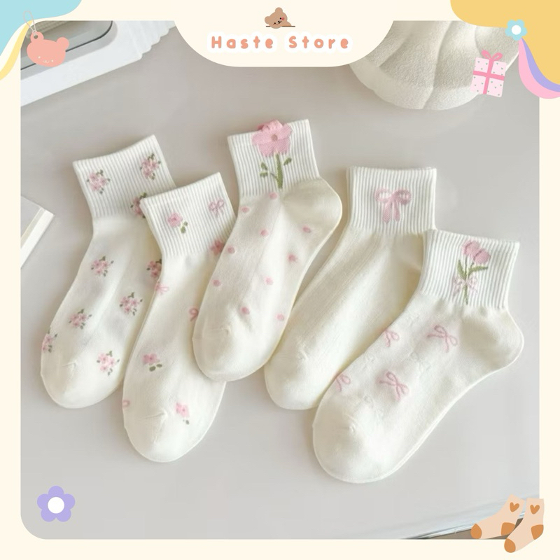 Tất Vớ Nữ Cổ Lửng Phong Cách Dễ Thương Hình Bông Hoa Hồng Nơ Chất Cotton Co Giãn Mềm Mại Thấm Hút