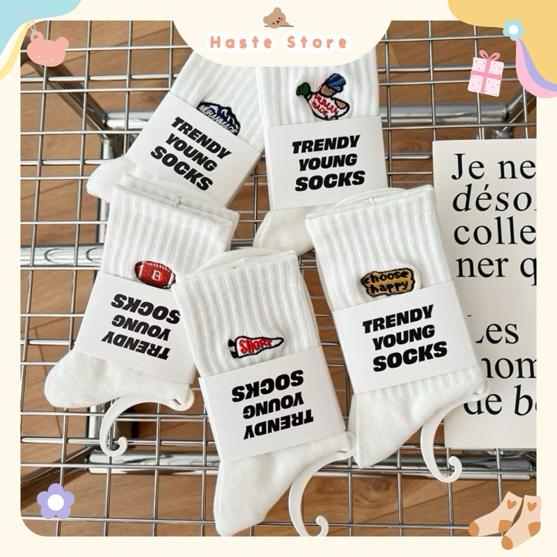 Tất Vớ Nam Nữ Cổ Cao Trắng Đen Thêu Hình Thể Thao Thú Cún Dễ Thương Phong Cách Hàn Quốc Chất Cotton Mềm Mại Thoáng Mát
