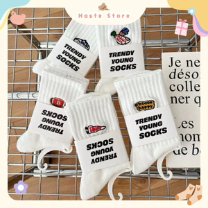 Tất Vớ Nam Nữ Cổ Cao Trắng Đen Thêu Hình Thể Thao Thú Cún Dễ Thương Phong Cách Hàn Quốc Chất Cotton Mềm Mại Thoáng Mát
