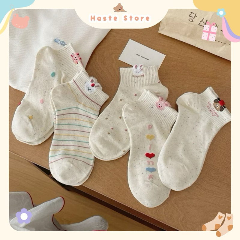 Tất Vớ Nữ Cổ Lửng Phong Cách Dễ Thương Hình Thú Gấu Thỏ Mèo Cún Chấm Bi Chất Cotton Co Giãn Mềm Mại Thấm Hút