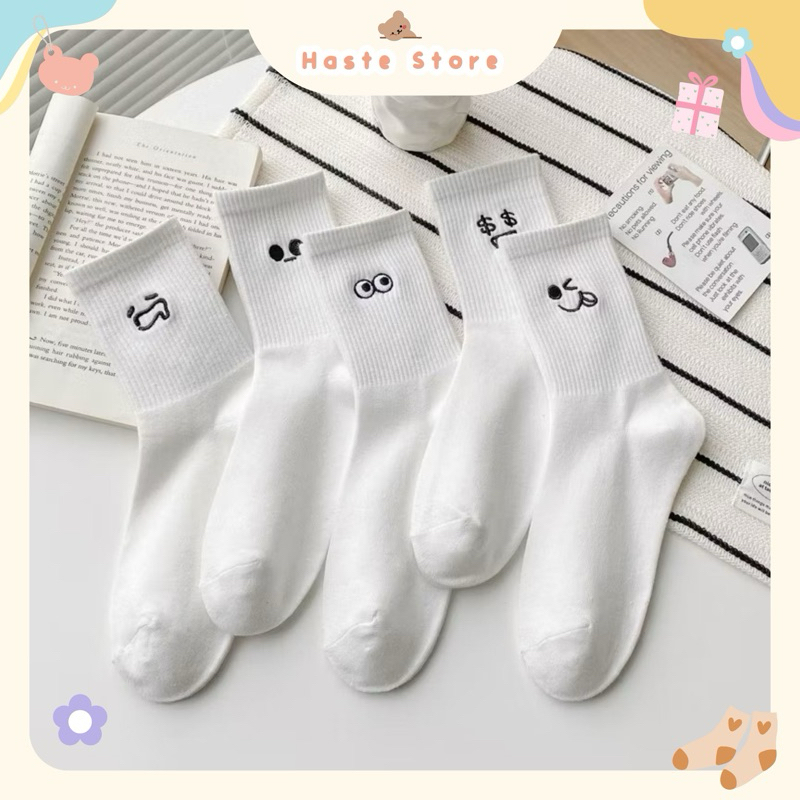 Tất Vớ Nam Nữ Cổ Cao Tone Trung Tính Thêu Hình Ngộ Nghĩnh Dễ Thương Phong Cách Hàn Quốc Chất Cotton Mềm Mại Thoáng Mát