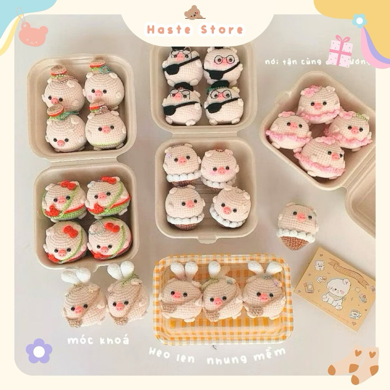 Móc Khoá Len Nhung Mịn Bé Heo Ú Mochi Kem Ốc Quế Tròn Ủm Heo Điệu Đà Đeo Tai Thỏ Handmade Dễ Thương