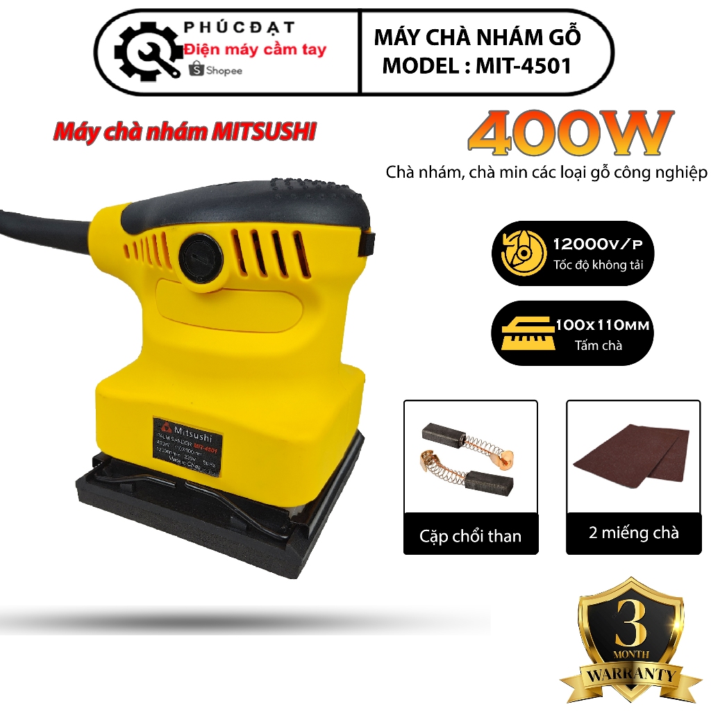 Máy chà nhám gỗ, máy chà nhám rung, máy chà gỗ chính hãng Mitsushi cỡ đĩa 100x110mm công suất lớn 350w, tốc độ 12000v/p