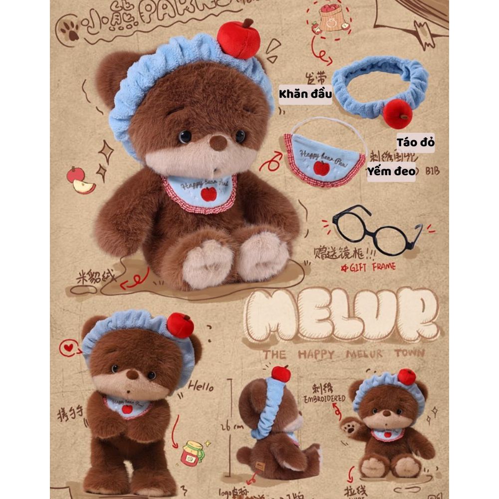 Gấu bông teddy gấu nâu đeo yếm đội mũ táo đỏ dễ thương chất liệu lông thỏ dài mềm mại