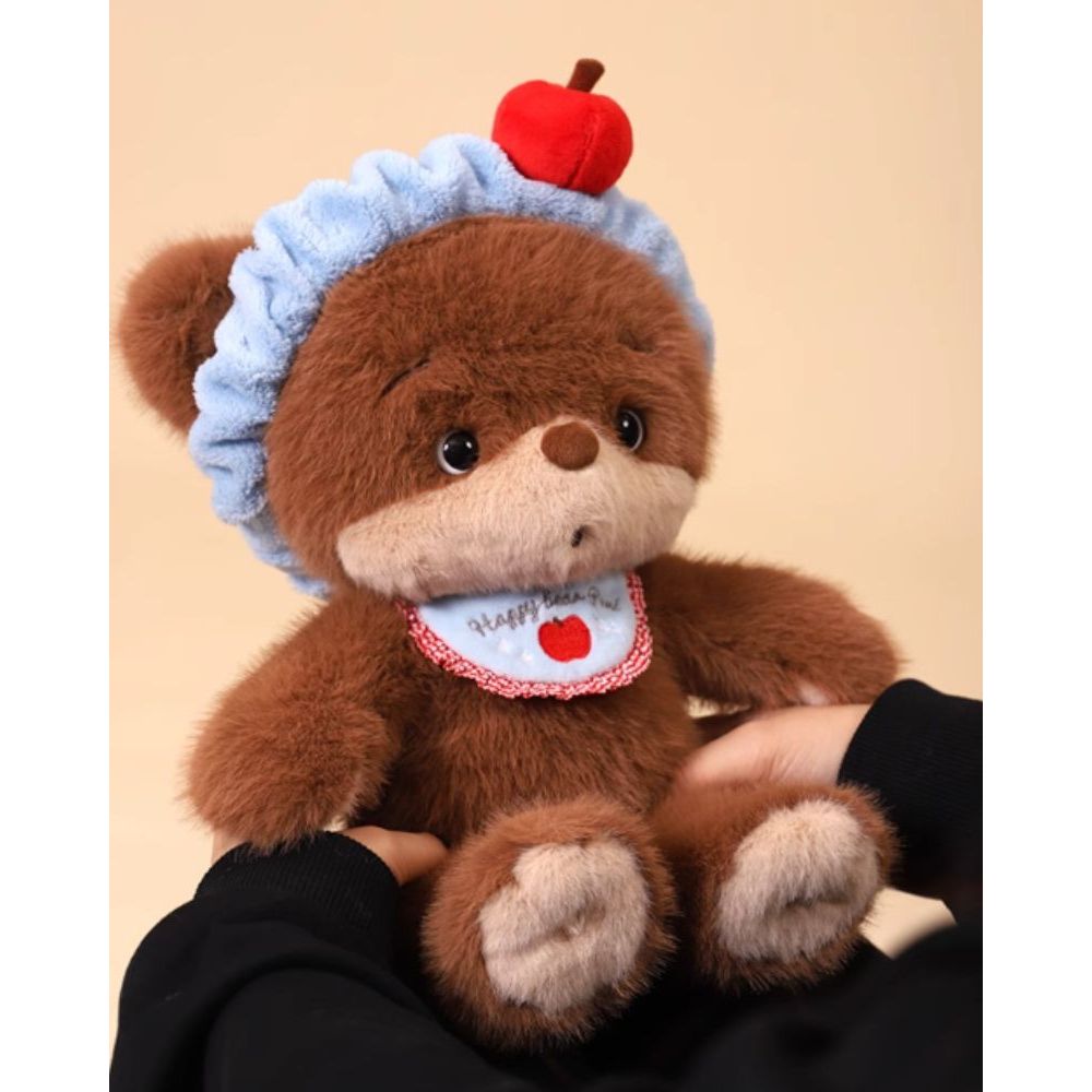 Gấu bông teddy gấu nâu đeo yếm đội mũ táo đỏ dễ thương chất liệu lông thỏ dài mềm mại