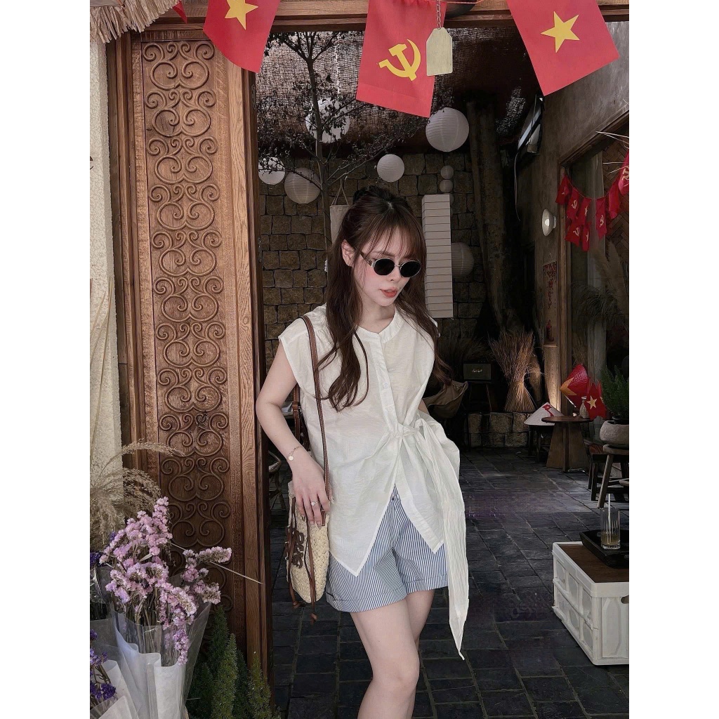 Set áo sơ mi cổ tàu chiết eo phối quần short kẻ sọc siêu xinh TAM S38