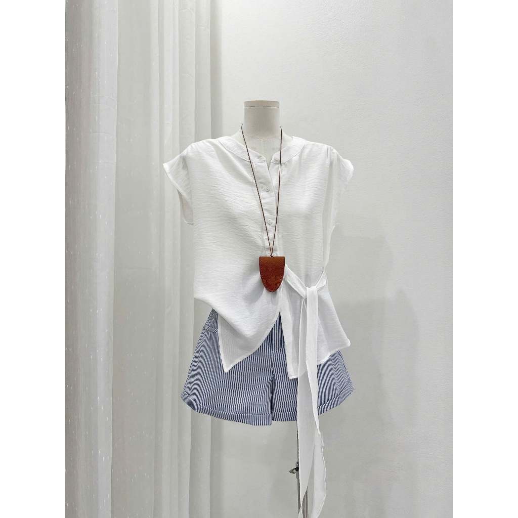 Set áo sơ mi cổ tàu chiết eo phối quần short kẻ sọc siêu xinh TAM S38