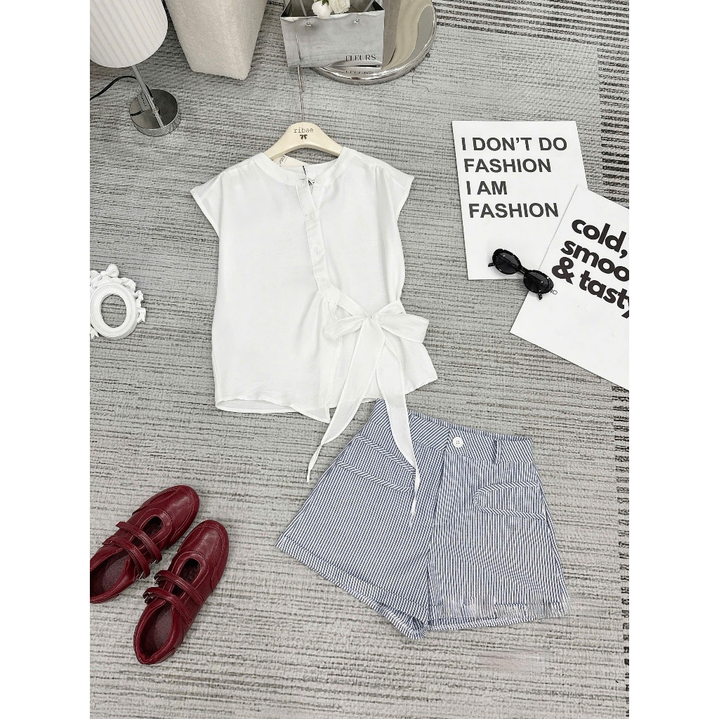 Set áo sơ mi cổ tàu chiết eo phối quần short kẻ sọc siêu xinh TAM S38