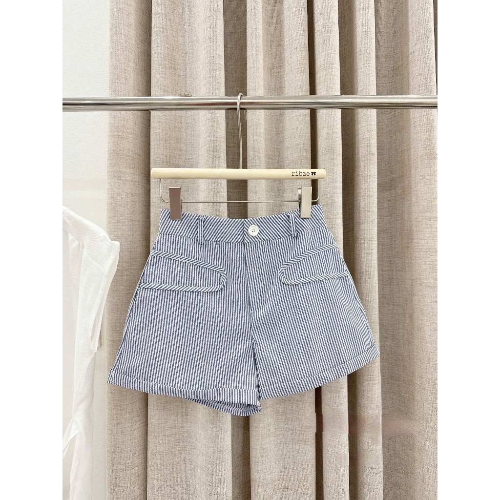 Set áo sơ mi cổ tàu chiết eo phối quần short kẻ sọc siêu xinh TAM S38