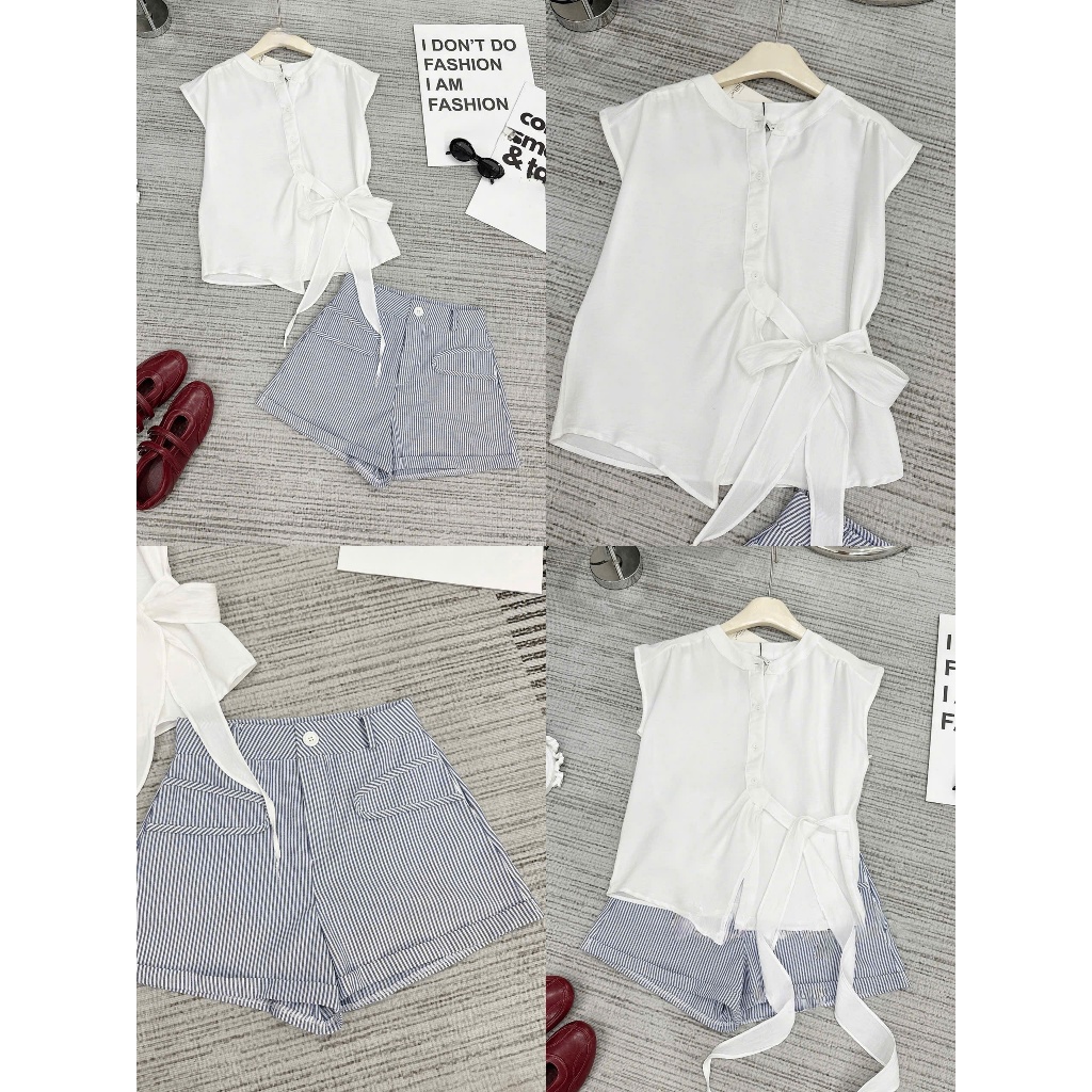 Set áo sơ mi cổ tàu chiết eo phối quần short kẻ sọc siêu xinh TAM S38