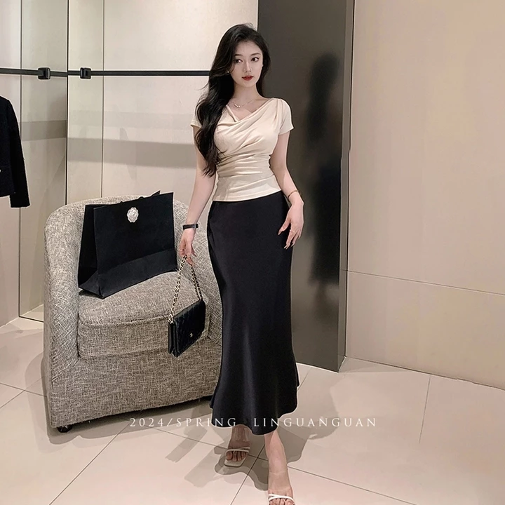 Chân Váy Midi Dáng Dài Chất Liệu Lụa Satin Mềm Mịn KUOSE Chân Váy Midi Lụa Đuôi Cá Nhẹ Dáng Dài