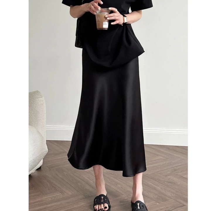 Chân Váy Midi Dáng Dài Chất Liệu Lụa Satin Mềm Mịn KUOSE Chân Váy Midi Lụa Đuôi Cá Nhẹ Dáng Dài