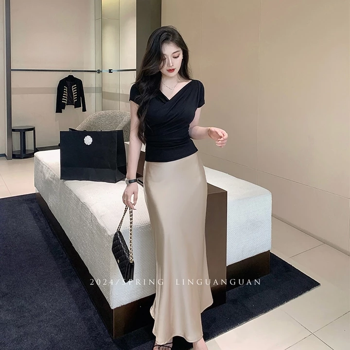 Chân Váy Midi Dáng Dài Chất Liệu Lụa Satin Mềm Mịn KUOSE Chân Váy Midi Lụa Đuôi Cá Nhẹ Dáng Dài