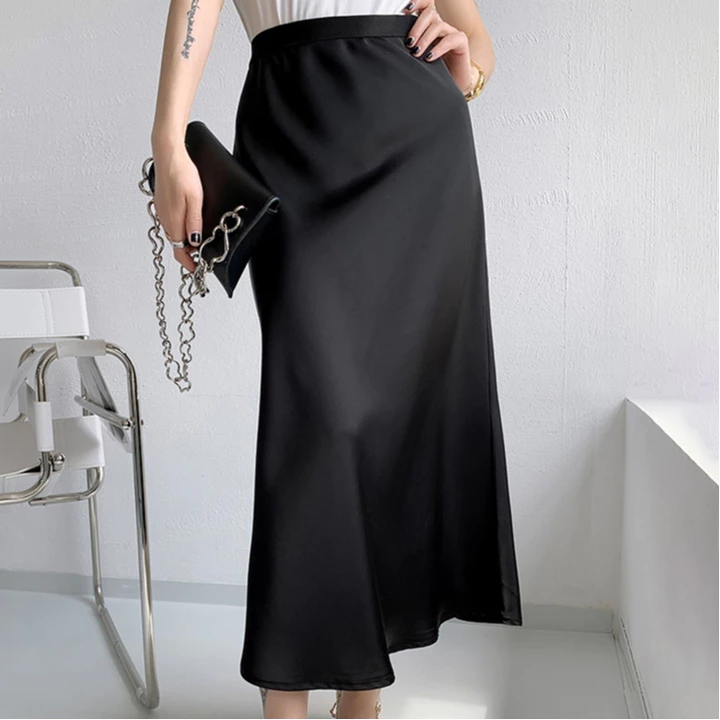 Chân Váy Midi Dáng Dài Chất Liệu Lụa Satin Mềm Mịn KUOSE Chân Váy Midi Lụa Đuôi Cá Nhẹ Dáng Dài