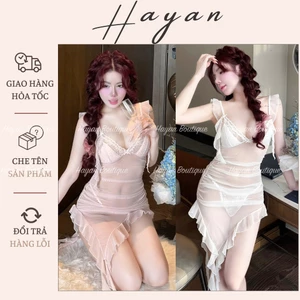 HT283 Váy ngủ 2s cánh tiên bo nhúm đuôi cá tôn dáng, đồ ngủ ren ôm body xuyên thấu gợi cảm HT283
