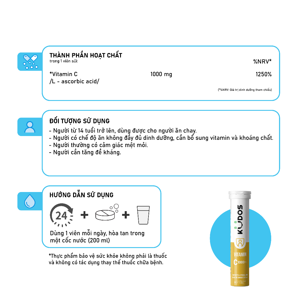 Combo 2 TPBVSK Viên sủi KUDOS BALANCE bổ sung vitamin B & Magie + Viên Sủi KUDOS VITAMIN C 1000MG (20 viên/tuýp)