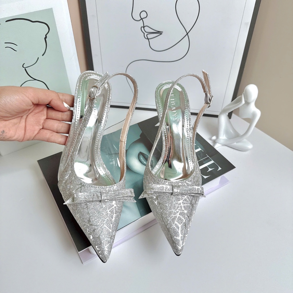 Giày Cao Gót Bít Mũi Chất Kim Sa Đính Nơ, Giày Gót Nhọn 7p ,9p Nơ Ngang, Quai Sau - Cin Shoes