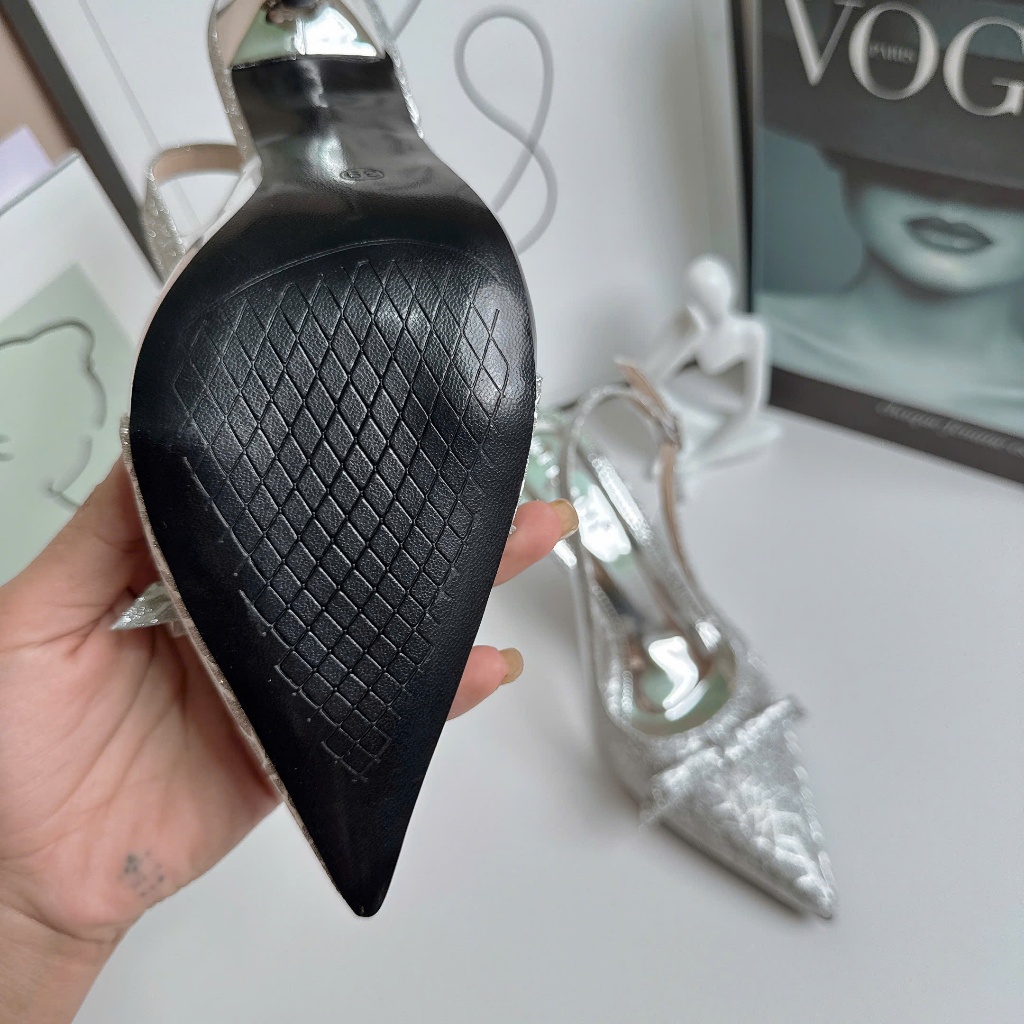 Giày Cao Gót Bít Mũi Chất Kim Sa Đính Nơ, Giày Gót Nhọn 7p ,9p Nơ Ngang, Quai Sau - Cin Shoes