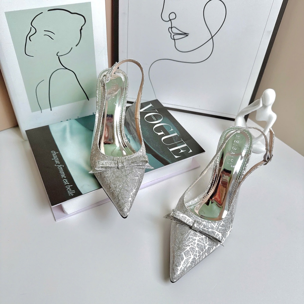 Giày Cao Gót Bít Mũi Chất Kim Sa Đính Nơ, Giày Gót Nhọn 7p ,9p Nơ Ngang, Quai Sau - Cin Shoes