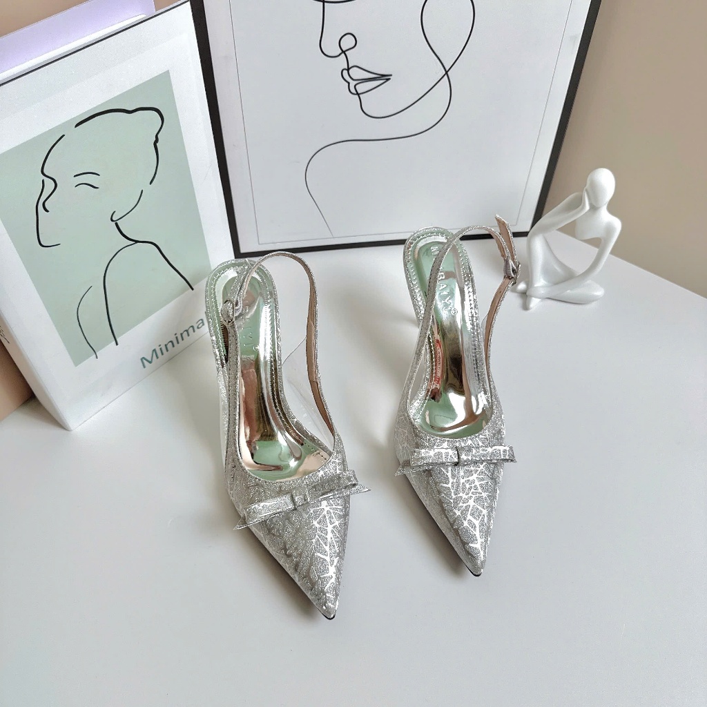 Giày Cao Gót Bít Mũi Chất Kim Sa Đính Nơ, Giày Gót Nhọn 7p ,9p Nơ Ngang, Quai Sau - Cin Shoes
