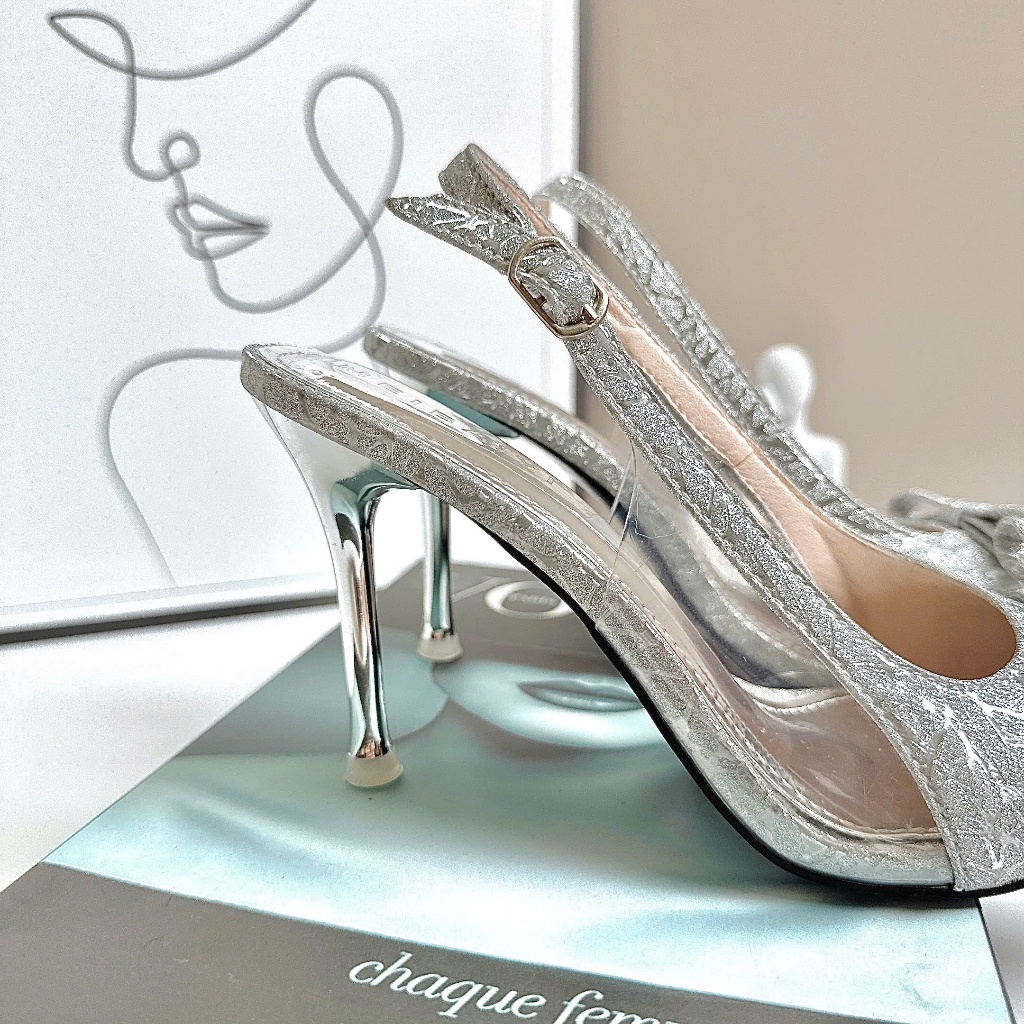 Giày Cao Gót Bít Mũi Chất Kim Sa Đính Nơ, Giày Gót Nhọn 7p ,9p Nơ Ngang, Quai Sau - Cin Shoes