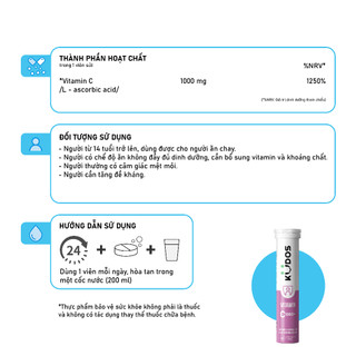 Combo 2 Tuýp TPBVSK Viên sủi KUDOS VITAMIN C hương dưa hấu, bổ sung 1000MG vitamin C cho cơ thể (20 viên/tuýp)