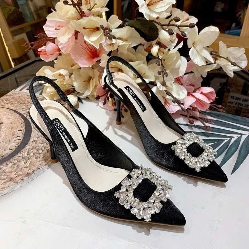 Giày Cao Gót Bít Mũi Đính Đá Vuông, Giày Gót Nhọn 7cm, 9cm Hậu Thun Ôm Chân - Cin Shoes