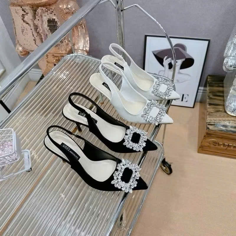 Giày Cao Gót Bít Mũi Đính Đá Vuông, Giày Gót Nhọn 7cm, 9cm Hậu Thun Ôm Chân - Cin Shoes