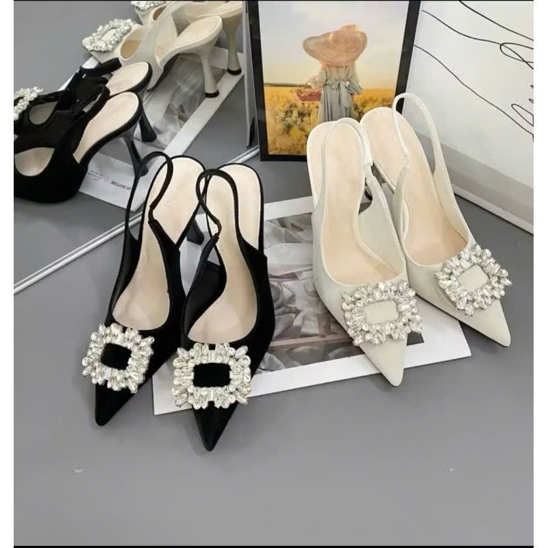 Giày Cao Gót Bít Mũi Đính Đá Vuông, Giày Gót Nhọn 7cm, 9cm Hậu Thun Ôm Chân - Cin Shoes
