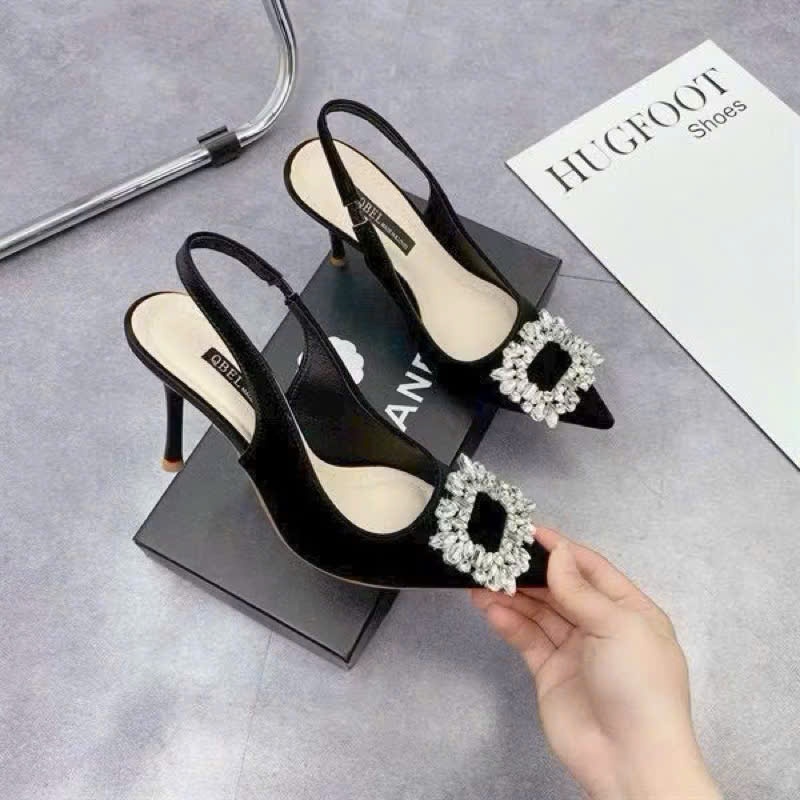 Giày Cao Gót Bít Mũi Đính Đá Vuông, Giày Gót Nhọn 7cm, 9cm Hậu Thun Ôm Chân - Cin Shoes
