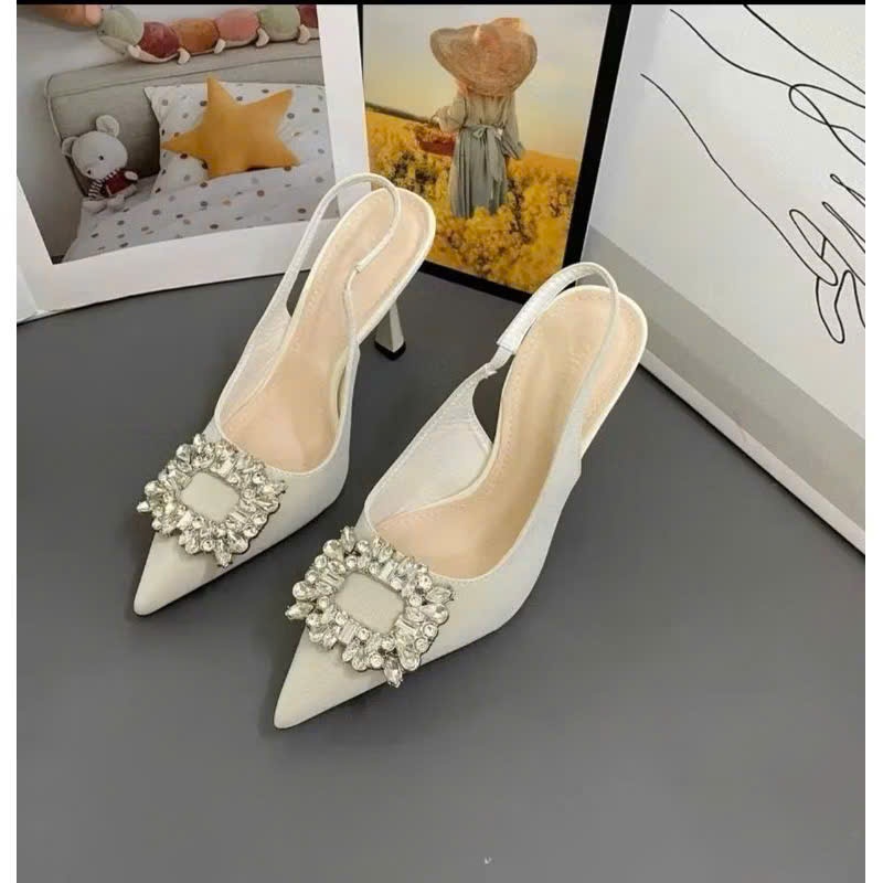 Giày Cao Gót Bít Mũi Đính Đá Vuông, Giày Gót Nhọn 7cm, 9cm Hậu Thun Ôm Chân - Cin Shoes