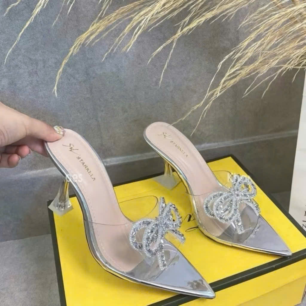 Guốc Mũi Nhọn Đính Nơ Đá 2 Tầng Bling Bling, Giày Cao Gót Nơ Đá Gót Ly 7p, 9p - Cin Shoes