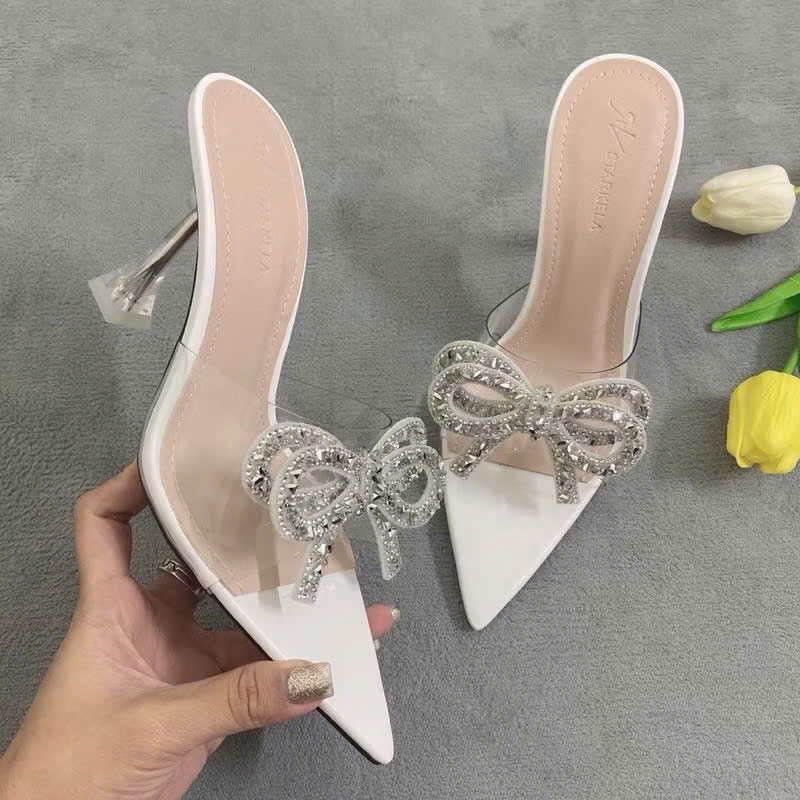Guốc Mũi Nhọn Đính Nơ Đá 2 Tầng Bling Bling, Giày Cao Gót Nơ Đá Gót Ly 7p, 9p - Cin Shoes