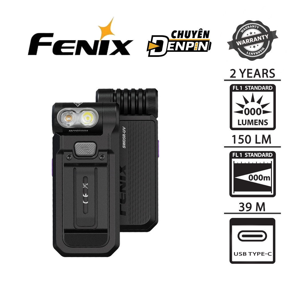 Lampe De Poche Fenix SW05R-UV - 150 Lumens - Lumière Blanche Et UV - Rechargeable USB-C - Clip Vert - IPX6 Étanche - Neuf