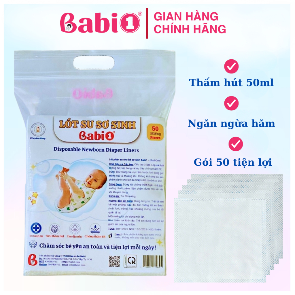 Lót Phân Su Sơ Sinh Babi 1 Ngừa Hăm Tã (Gói 50 Miếng)