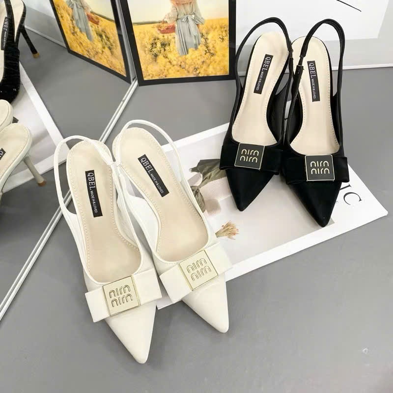 Giày Sandal Mũi Nhọn Nơ Min Phối Quai Sau Cao Cấp, Giày Cao Gót Si Mịn Gót Nhọn 7p 9p - Cin Shoes