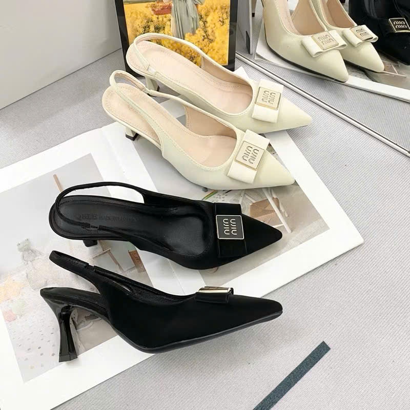 Giày Sandal Mũi Nhọn Nơ Min Phối Quai Sau Cao Cấp, Giày Cao Gót Si Mịn Gót Nhọn 7p 9p - Cin Shoes
