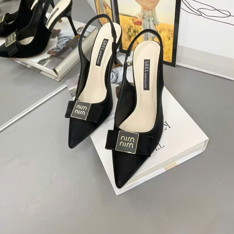 Giày Sandal Mũi Nhọn Nơ Min Phối Quai Sau Cao Cấp, Giày Cao Gót Si Mịn Gót Nhọn 7p 9p - Cin Shoes