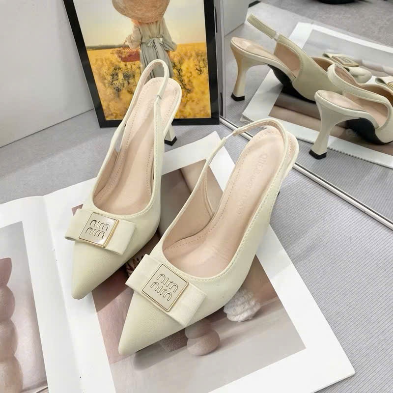 Giày Sandal Mũi Nhọn Nơ Min Phối Quai Sau Cao Cấp, Giày Cao Gót Si Mịn Gót Nhọn 7p 9p - Cin Shoes
