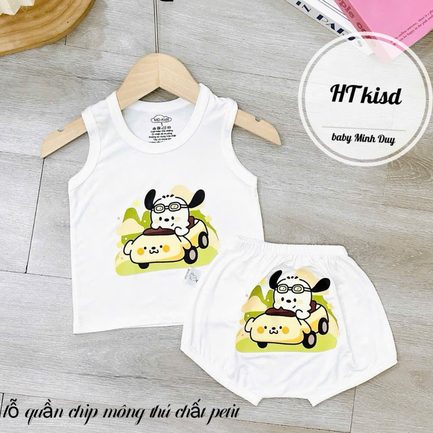 Bộ quần áo BA LỖ sát nách quần chip mông NỀN TRẮNG KEM họa tiết đáng yêu cho bé 4-14kg saubabi