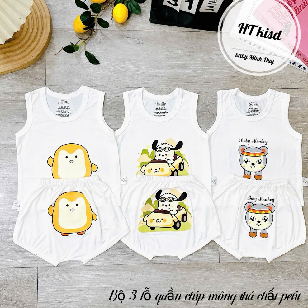 Bộ quần áo BA LỖ sát nách quần chip mông NỀN TRẮNG KEM họa tiết đáng yêu cho bé 4-14kg saubabi
