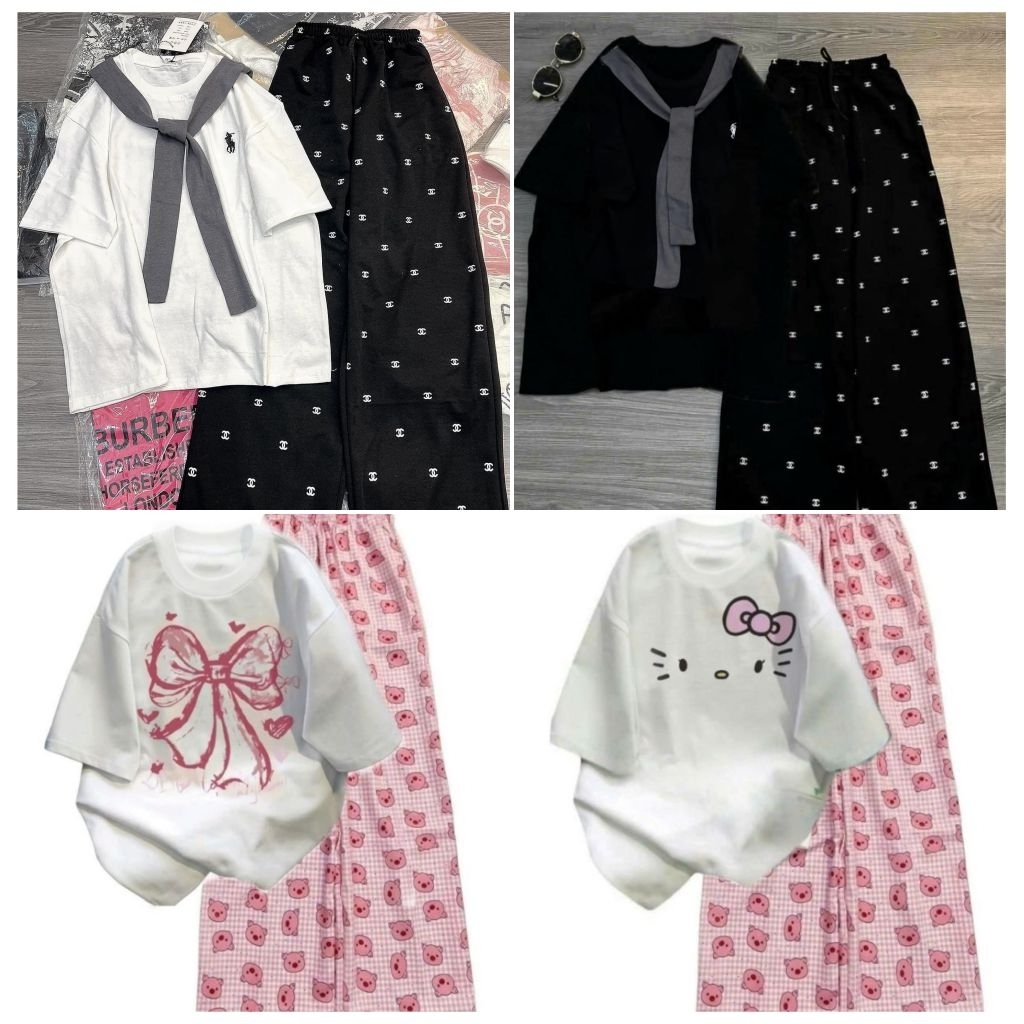 [ Rẻ Vô Địch ] Tổng hợp các sét bộ  quần ống suông cạp chun + mix kèm áo phông form rộng  tay lỡ unisex