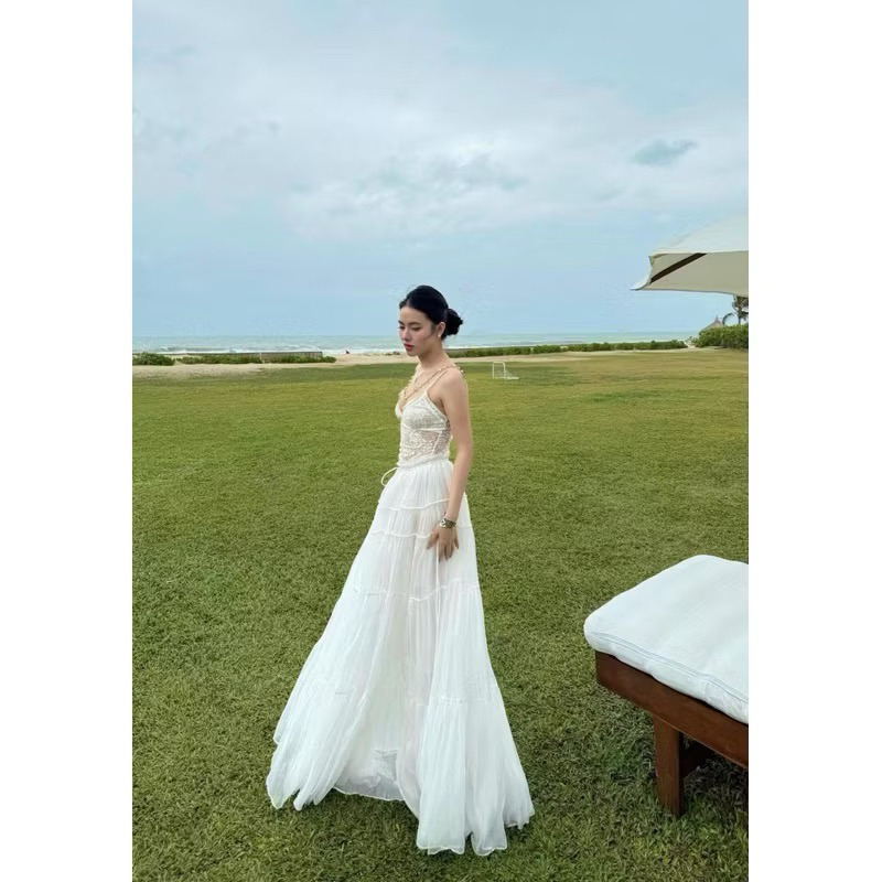 Set Áo 2 Dây Ren Chuẩn Chân Váy Xòe Dáng Dài Đi Biển Mùa Hè Kèm Bông Hoa