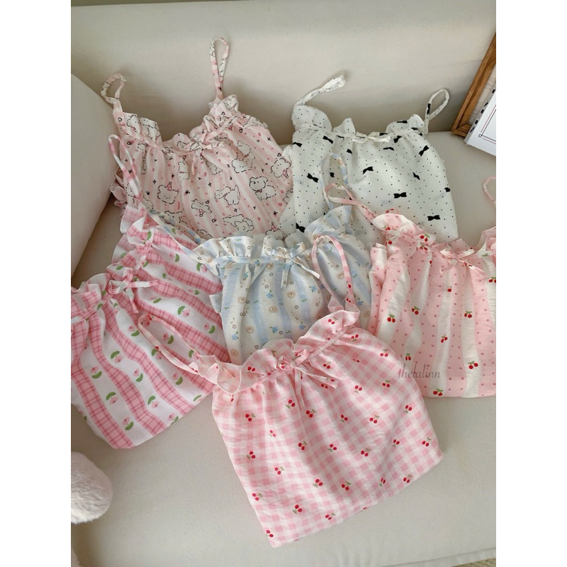 [ẢNH THẬT] Set pijama đũi hàn 2 dây mềm mại hoạ tiết xinh xắn. Bộ ngủ nữ đũi cotton dây mùa hè