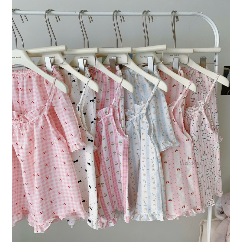 [ẢNH THẬT] Set pijama đũi hàn 2 dây mềm mại hoạ tiết xinh xắn. Bộ ngủ nữ đũi cotton dây mùa hè