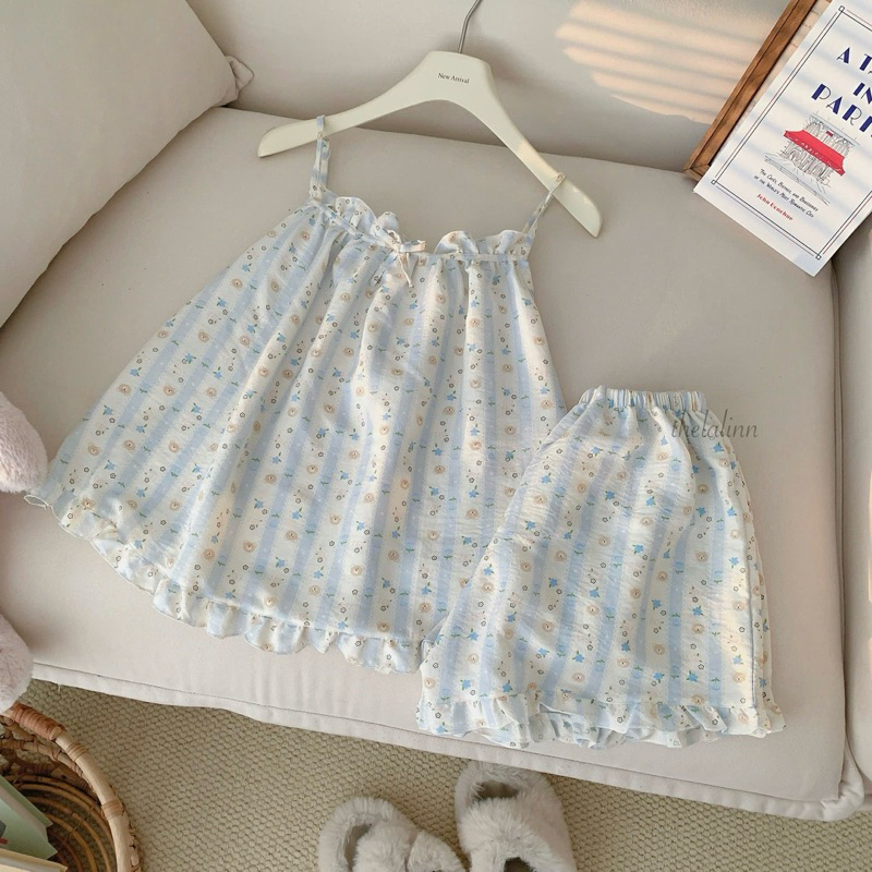 [ẢNH THẬT] Set pijama đũi hàn 2 dây mềm mại hoạ tiết xinh xắn. Bộ ngủ nữ đũi cotton dây mùa hè
